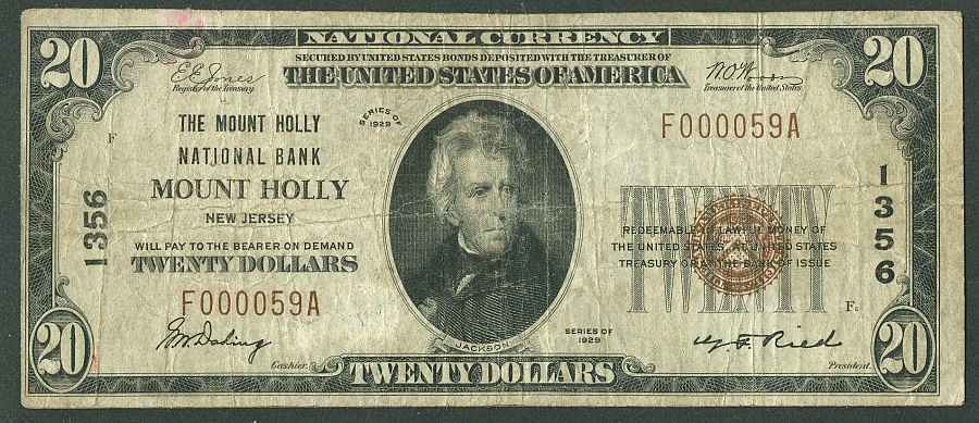 NJ, 1929T1 $20, Ch.#1356, Mt. Holly National Bank, Fine